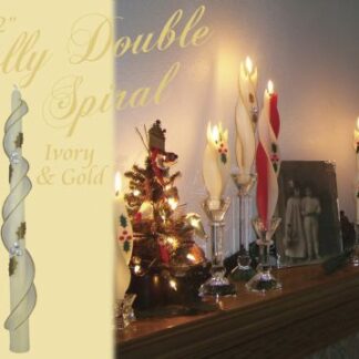 double spiral candle in ivory and gold with holly