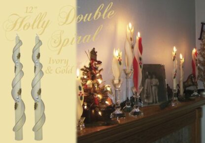 double spiral candle in ivory and gold with holly